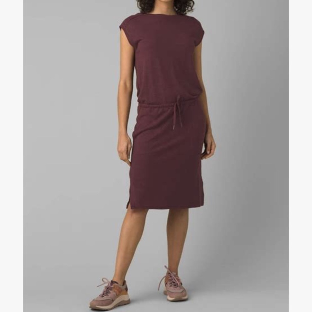 prAna Caris Cozy Up Dress Maroon Hemp Tencel Blend Sleeveless Cinch Waist-S